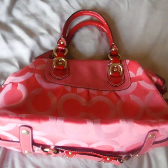 Coach Pink Purse Vintage Pink Fabric Red Handles Rare - Picture 3 of 14